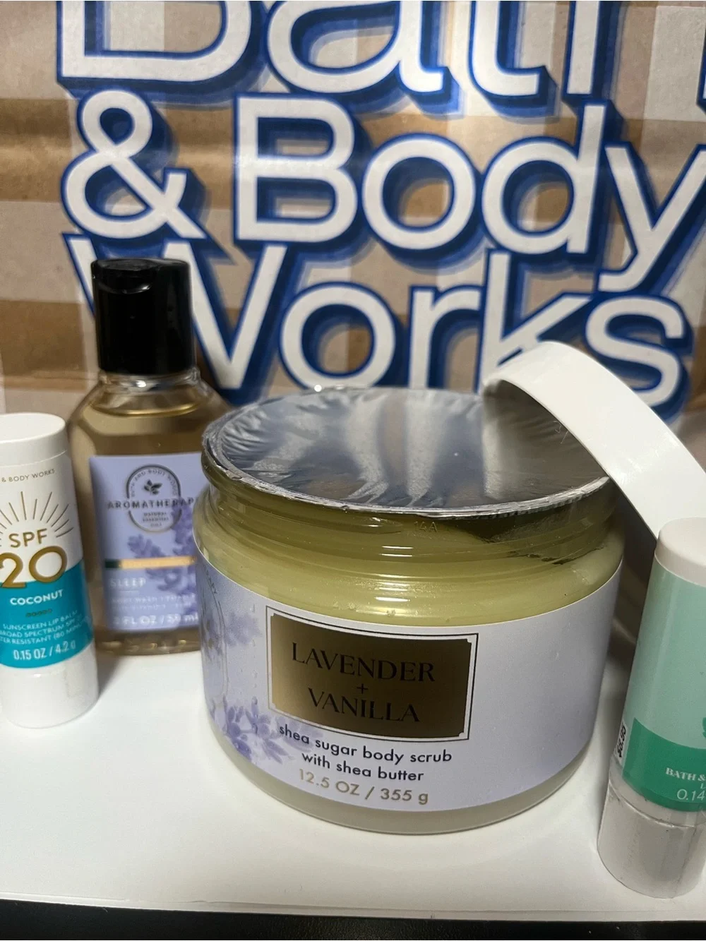 Bath & Body Works Lavender Vanilla Shea Sugar Body Scrub body care and lip set